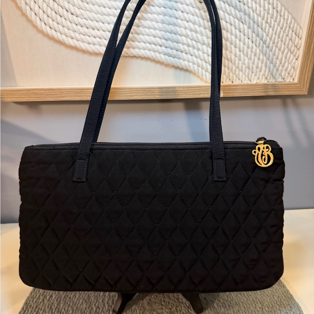 Vera Bradley Black Quilted Shoulder Bag with Gold Monogram Charm